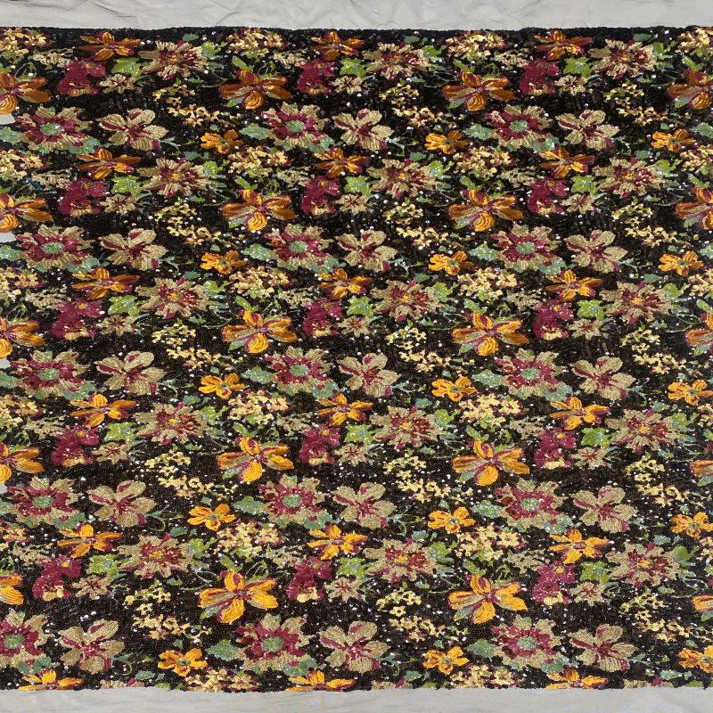 Multicolor Floral Sequin Fabric, Black Sequined Embroidered Mesh, Sparkly Flower Fabric for Evening Gowns, Dresses, Costumes and Accessories