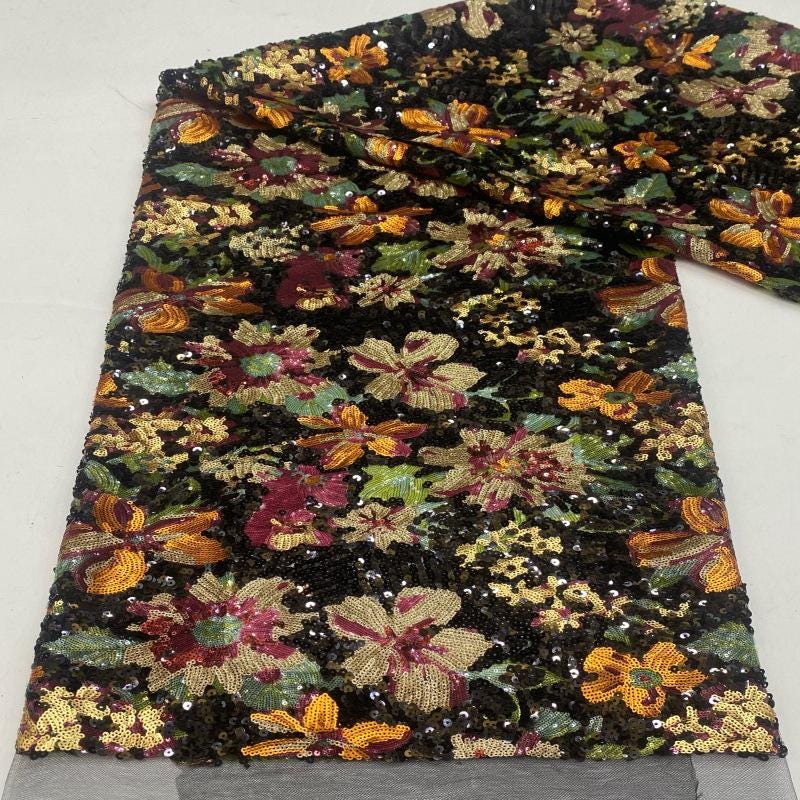 Multicolor Floral Sequin Fabric, Black Sequined Embroidered Mesh, Sparkly Flower Fabric for Evening Gowns, Dresses, Costumes and Accessories