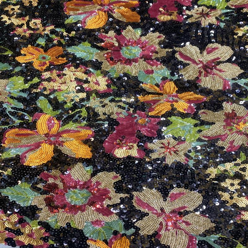 Multicolor Floral Sequin Fabric, Black Sequined Embroidered Mesh, Sparkly Flower Fabric for Evening Gowns, Dresses, Costumes and Accessories