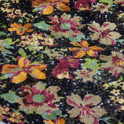 Multicolor Floral Sequin Fabric, Black Sequined Embroidered Mesh, Sparkly Flower Fabric for Evening Gowns, Dresses, Costumes and Accessories