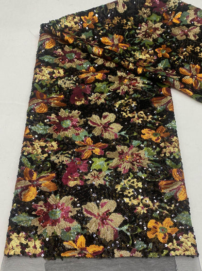 Multicolor Floral Sequin Fabric, Black Sequined Embroidered Mesh, Sparkly Flower Fabric for Evening Gowns, Dresses, Costumes and Accessories
