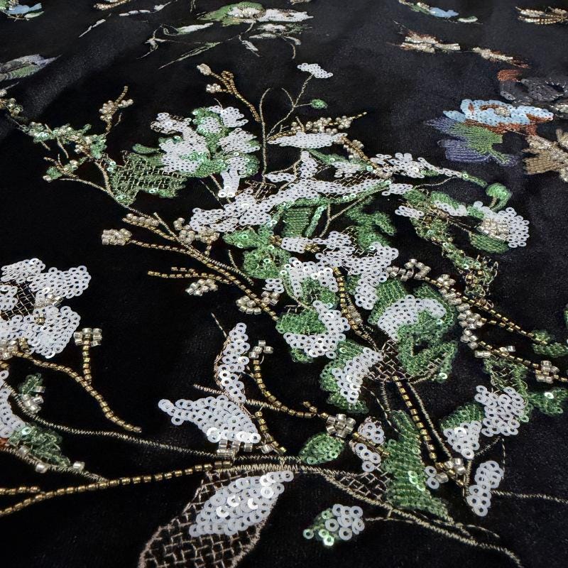 Black Velvet Floral Embroidered Fabric, Colorful Sequin and Beaded Botanical Design for Evening Gowns, Dresses, Jackets and Couture Sewing