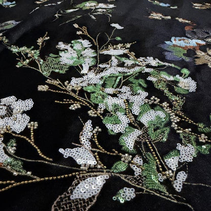 Black Velvet Floral Embroidered Fabric, Colorful Sequin and Beaded Botanical Design for Evening Gowns, Dresses, Jackets and Couture Sewing