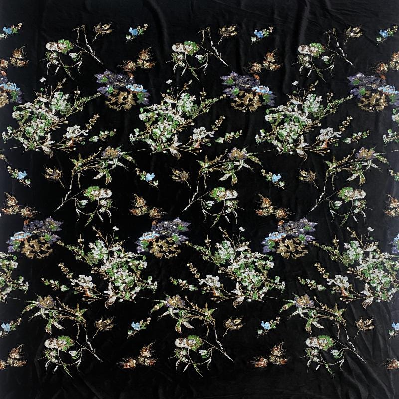 Black Velvet Floral Embroidered Fabric, Colorful Sequin and Beaded Botanical Design for Evening Gowns, Dresses, Jackets and Couture Sewing
