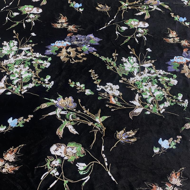 Black Velvet Floral Embroidered Fabric, Colorful Sequin and Beaded Botanical Design for Evening Gowns, Dresses, Jackets and Couture Sewing
