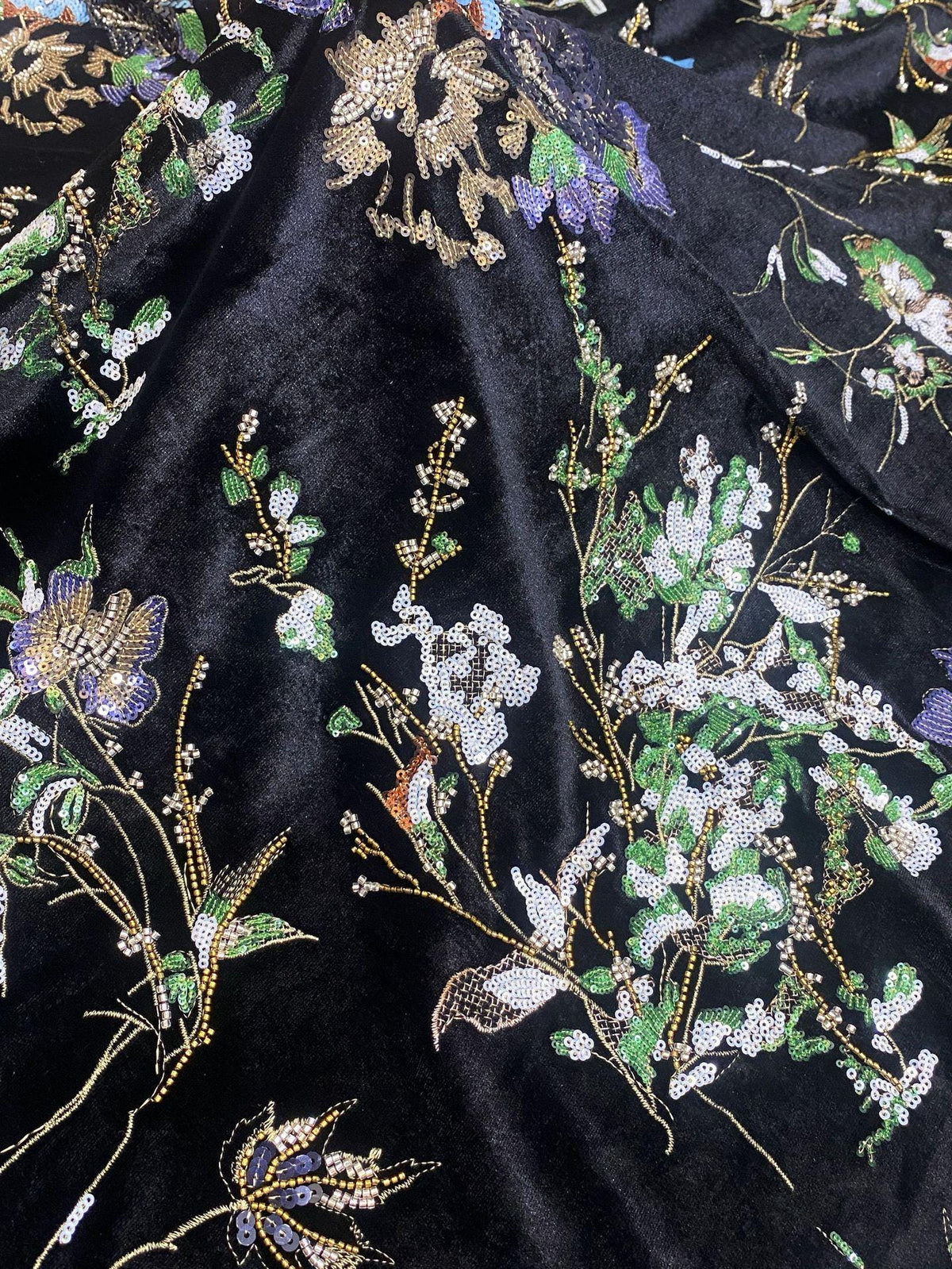 Black Velvet Floral Embroidered Fabric, Colorful Sequin and Beaded Botanical Design for Evening Gowns, Dresses, Jackets and Couture Sewing