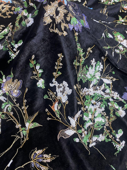 Black Velvet Floral Embroidered Fabric, Colorful Sequin and Beaded Botanical Design for Evening Gowns, Dresses, Jackets and Couture Sewing