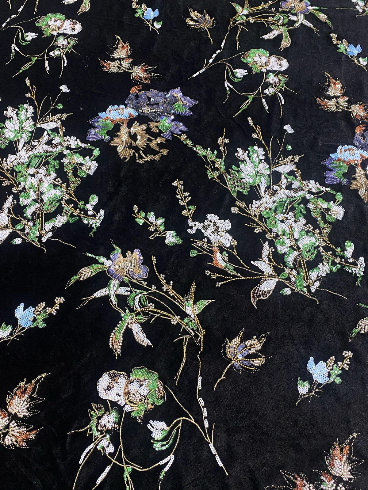 Black Velvet Floral Embroidered Fabric, Colorful Sequin and Beaded Botanical Design for Evening Gowns, Dresses, Jackets and Couture Sewing