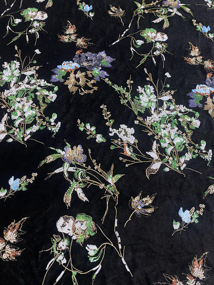 Black Velvet Floral Embroidered Fabric, Colorful Sequin and Beaded Botanical Design for Evening Gowns, Dresses, Jackets and Couture Sewing