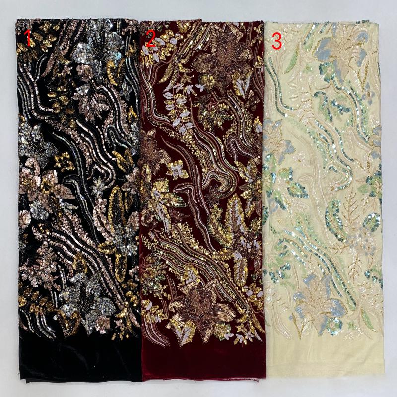 Black Velvet Sequin Embroidered Fabric, Gold Silver Floral Beaded Embroidery, Luxury Fabric for Evening Gowns, Dresses and Couture Sewing