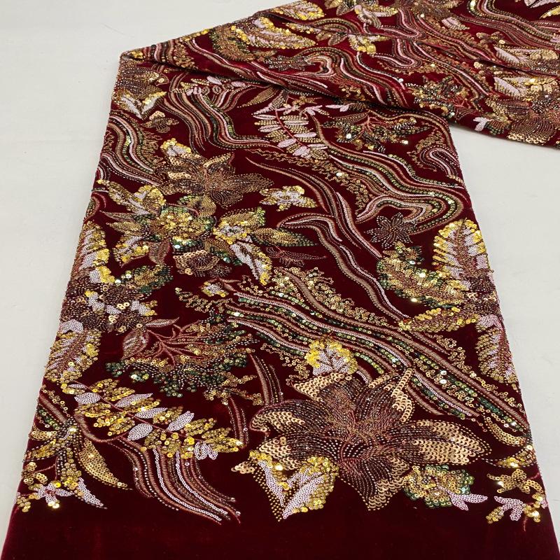Black Velvet Sequin Embroidered Fabric, Gold Silver Floral Beaded Embroidery, Luxury Fabric for Evening Gowns, Dresses and Couture Sewing