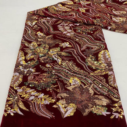 Black Velvet Sequin Embroidered Fabric, Gold Silver Floral Beaded Embroidery, Luxury Fabric for Evening Gowns, Dresses and Couture Sewing