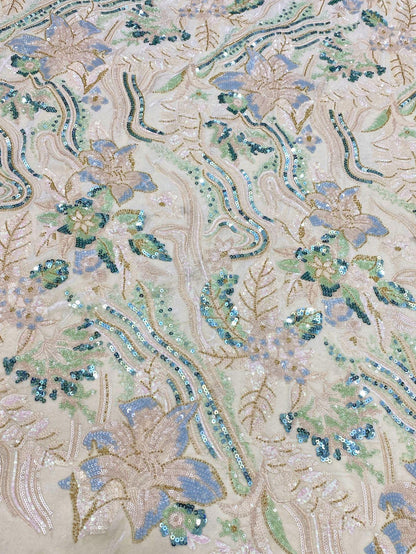 Black Velvet Sequin Embroidered Fabric, Gold Silver Floral Beaded Embroidery, Luxury Fabric for Evening Gowns, Dresses and Couture Sewing