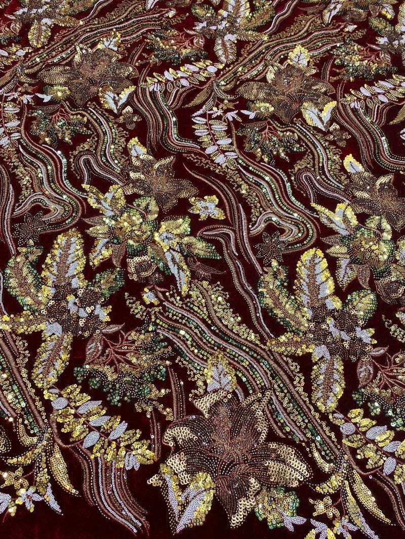Black Velvet Sequin Embroidered Fabric, Gold Silver Floral Beaded Embroidery, Luxury Fabric for Evening Gowns, Dresses and Couture Sewing