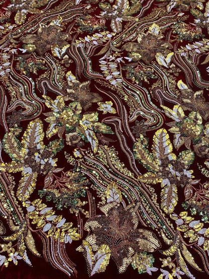 Black Velvet Sequin Embroidered Fabric, Gold Silver Floral Beaded Embroidery, Luxury Fabric for Evening Gowns, Dresses and Couture Sewing