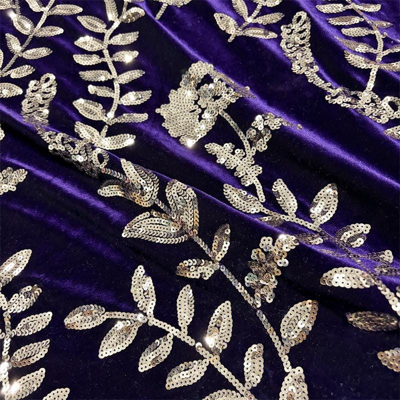 Purple Velvet Sequin Embroidered Fabric, Gold Floral Vine Embroidery, Shimmering Velvet for Evening Gowns, Dresses and Costume Sewing