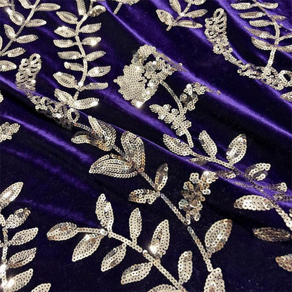 Purple Velvet Sequin Embroidered Fabric, Gold Floral Vine Embroidery, Shimmering Velvet for Evening Gowns, Dresses and Costume Sewing