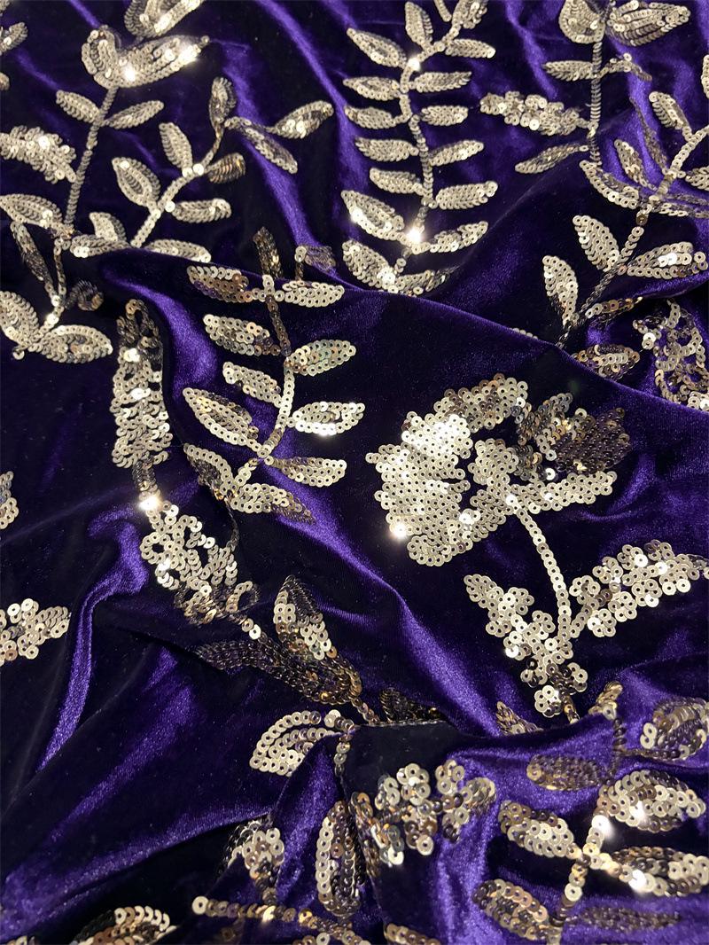 Purple Velvet Sequin Embroidered Fabric, Gold Floral Vine Embroidery, Shimmering Velvet for Evening Gowns, Dresses and Costume Sewing