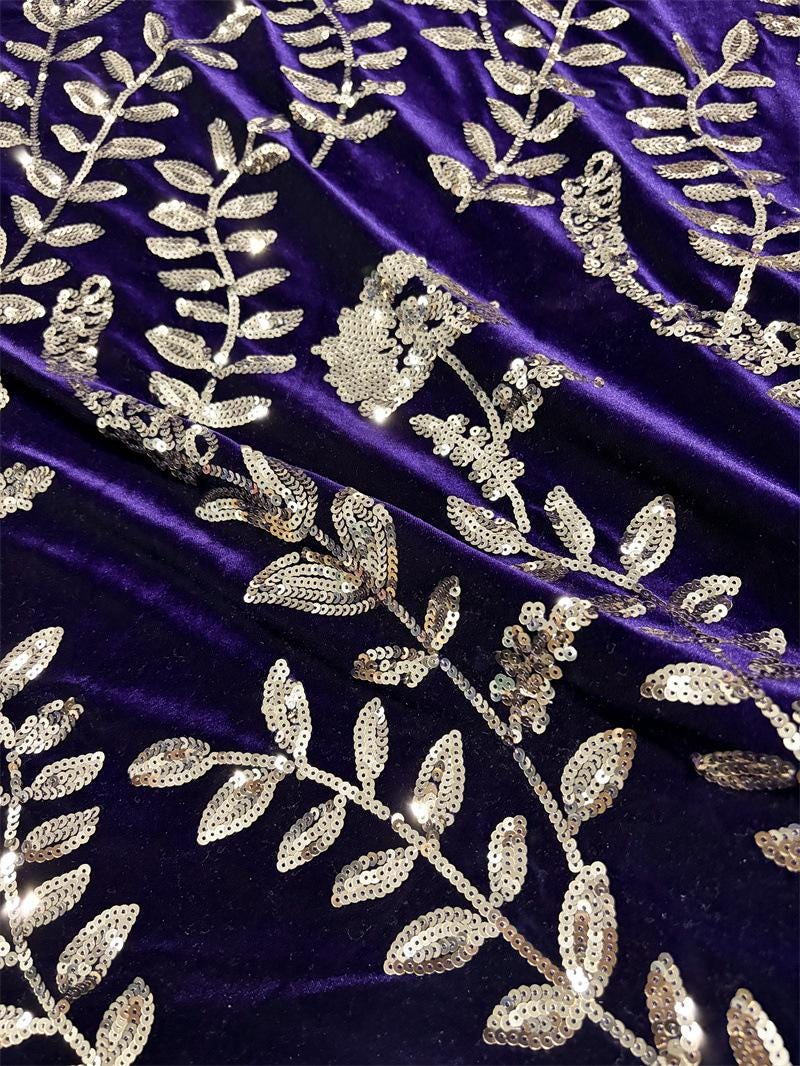 Purple Velvet Sequin Embroidered Fabric, Gold Floral Vine Embroidery, Shimmering Velvet for Evening Gowns, Dresses and Costume Sewing