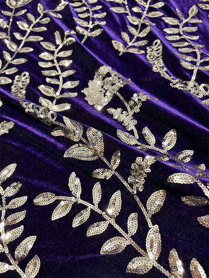 Purple Velvet Sequin Embroidered Fabric, Gold Floral Vine Embroidery, Shimmering Velvet for Evening Gowns, Dresses and Costume Sewing