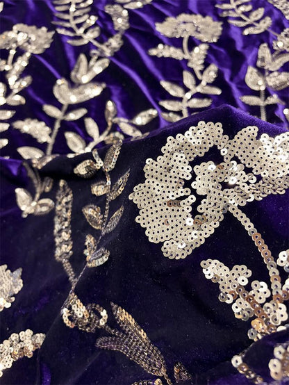 Purple Velvet Sequin Embroidered Fabric, Gold Floral Vine Embroidery, Shimmering Velvet for Evening Gowns, Dresses and Costume Sewing