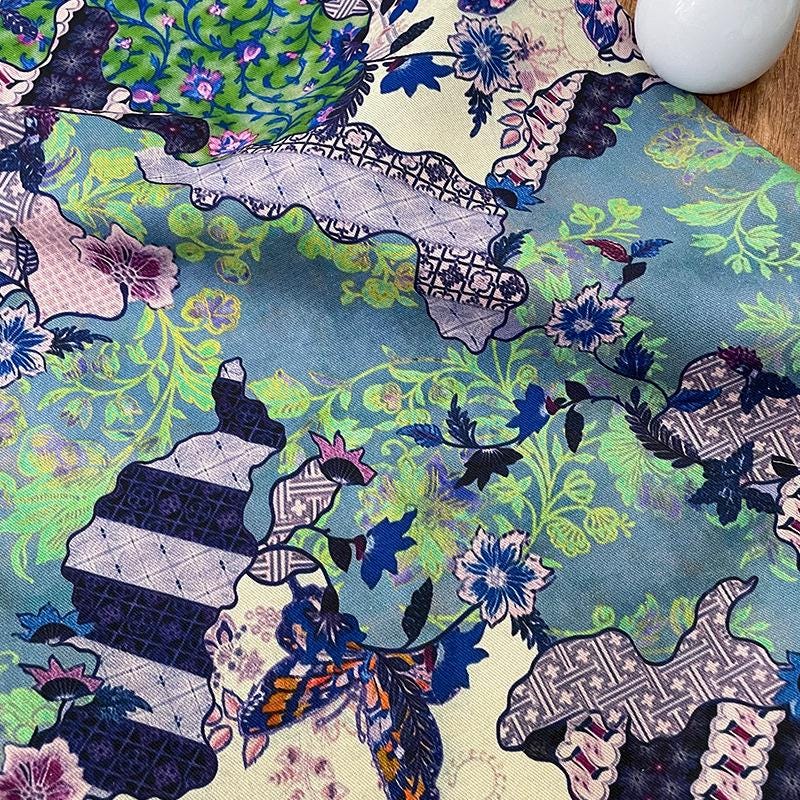 Butterfly Floral Print Twill Fabric, Colorful Vintage Patchwork Style, Heavyweight Double Layer Fabric for Jackets, Coat, Pants, Sewing, 59"