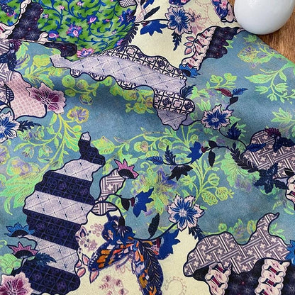 Butterfly Floral Print Twill Fabric, Colorful Vintage Patchwork Style, Heavyweight Double Layer Fabric for Jackets, Coat, Pants, Sewing, 59"