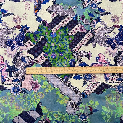 Butterfly Floral Print Twill Fabric, Colorful Vintage Patchwork Style, Heavyweight Double Layer Fabric for Jackets, Coat, Pants, Sewing, 59"