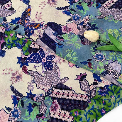 Butterfly Floral Print Twill Fabric, Colorful Vintage Patchwork Style, Heavyweight Double Layer Fabric for Jackets, Coat, Pants, Sewing, 59"