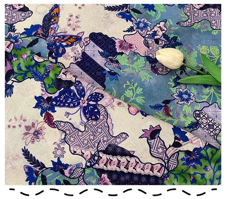 Butterfly Floral Print Twill Fabric, Colorful Vintage Patchwork Style, Heavyweight Double Layer Fabric for Jackets, Coat, Pants, Sewing, 59"