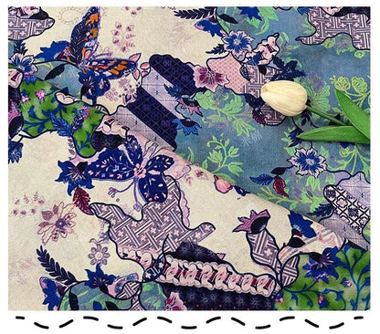 Butterfly Floral Print Twill Fabric, Colorful Vintage Patchwork Style, Heavyweight Double Layer Fabric for Jackets, Coat, Pants, Sewing, 59"