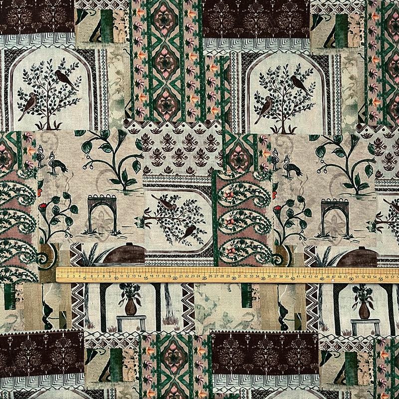 Woodland Botanical Print Twill Fabric, Patchwork Style with Birds and Floral Motifs, Heavy Double Layer Fabric for Jackets, Coats, Pants