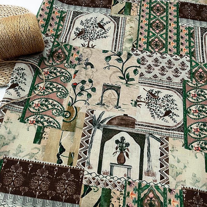 Woodland Botanical Print Twill Fabric, Patchwork Style with Birds and Floral Motifs, Heavy Double Layer Fabric for Jackets, Coats, Pants