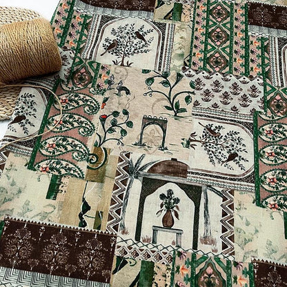 Woodland Botanical Print Twill Fabric, Patchwork Style with Birds and Floral Motifs, Heavy Double Layer Fabric for Jackets, Coats, Pants