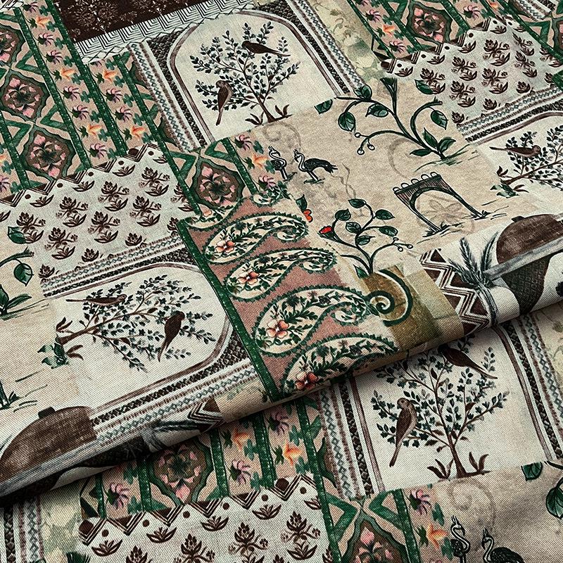 Woodland Botanical Print Twill Fabric, Patchwork Style with Birds and Floral Motifs, Heavy Double Layer Fabric for Jackets, Coats, Pants
