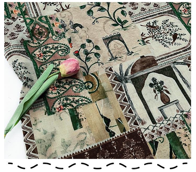 Woodland Botanical Print Twill Fabric, Patchwork Style with Birds and Floral Motifs, Heavy Double Layer Fabric for Jackets, Coats, Pants
