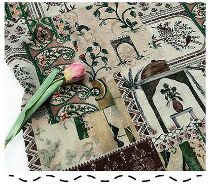 Woodland Botanical Print Twill Fabric, Patchwork Style with Birds and Floral Motifs, Heavy Double Layer Fabric for Jackets, Coats, Pants