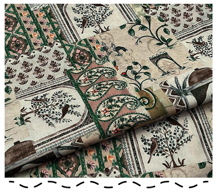 Woodland Botanical Print Twill Fabric, Patchwork Style with Birds and Floral Motifs, Heavy Double Layer Fabric for Jackets, Coats, Pants