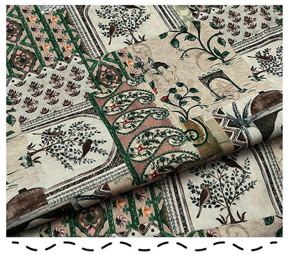 Woodland Botanical Print Twill Fabric, Patchwork Style with Birds and Floral Motifs, Heavy Double Layer Fabric for Jackets, Coats, Pants