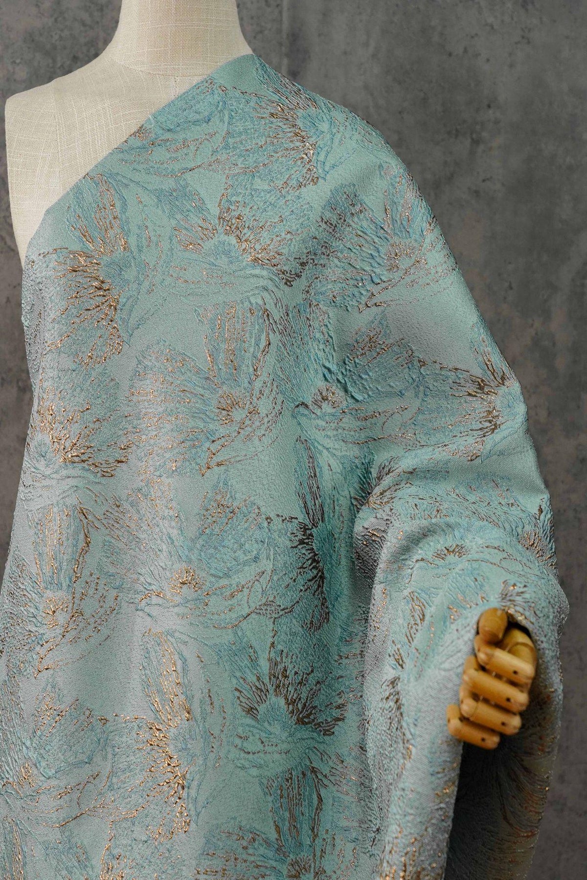 Mint Green Metallic Jacquard Fabric, Gold Abstract Floral Brocade, 3D Raised Textured Fabric for Dresses, Jackets, Evening Gown, Sewing, 56"