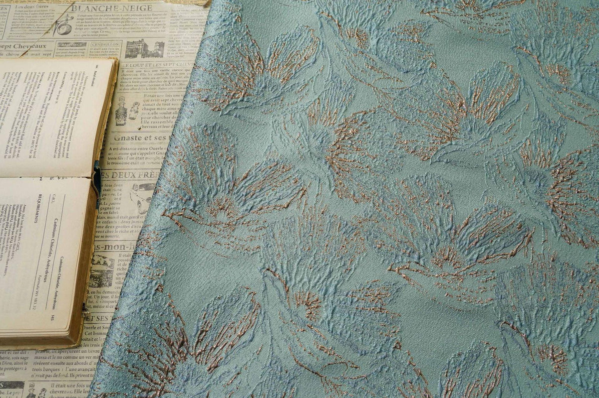 Mint Green Metallic Jacquard Fabric, Gold Abstract Floral Brocade, 3D Raised Textured Fabric for Dresses, Jackets, Evening Gown, Sewing, 56"