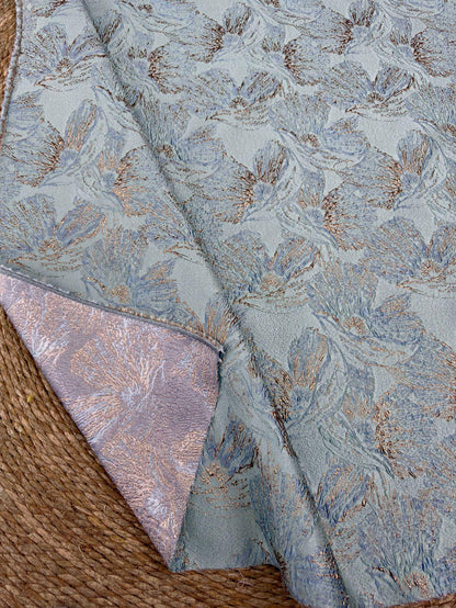 Mint Green Metallic Jacquard Fabric, Gold Abstract Floral Brocade, 3D Raised Textured Fabric for Dresses, Jackets, Evening Gown, Sewing, 56"