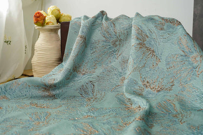 Mint Green Metallic Jacquard Fabric, Gold Abstract Floral Brocade, 3D Raised Textured Fabric for Dresses, Jackets, Evening Gown, Sewing, 56"