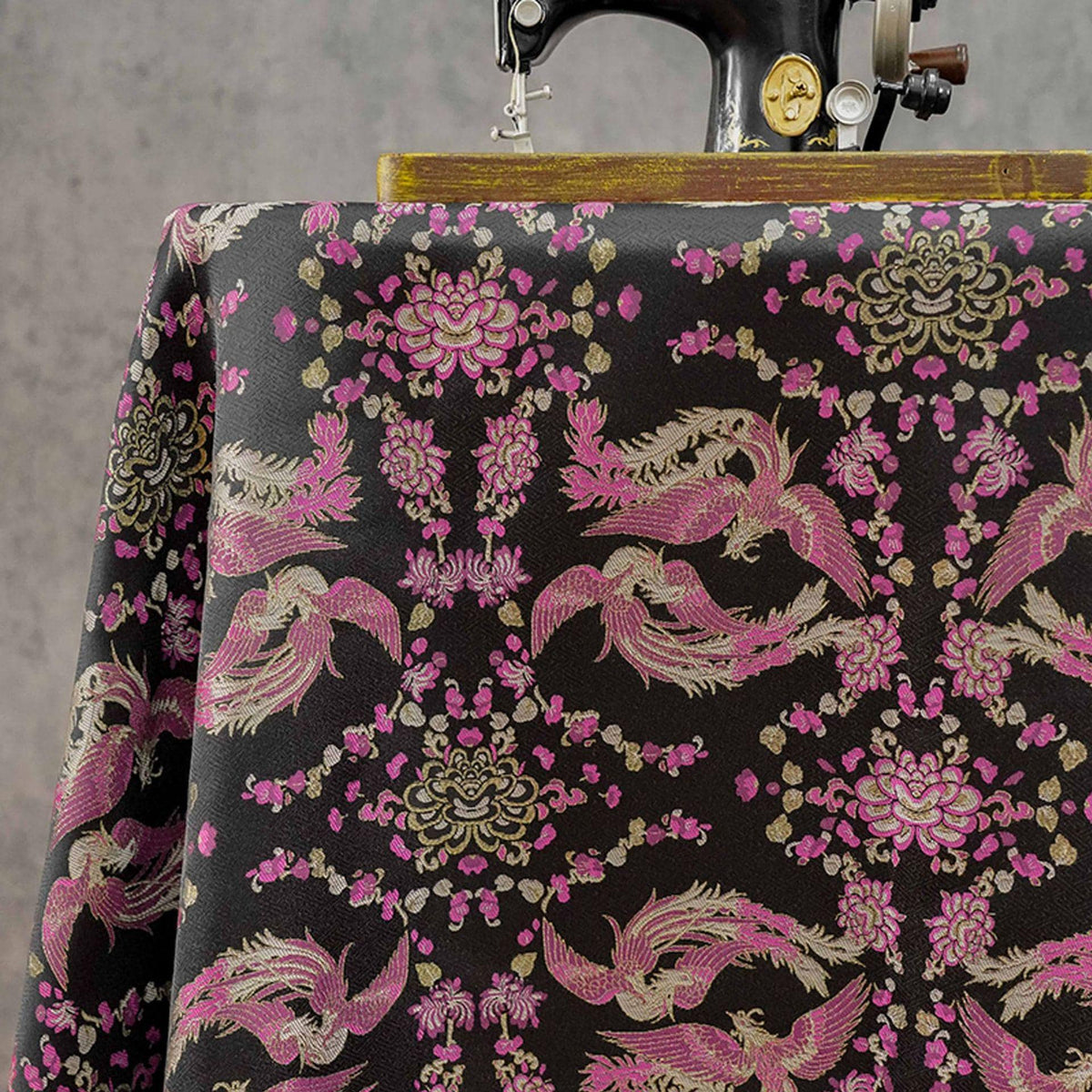 Black Song Brocade Fabric, Pink Phoenix and Floral Gold Jacquard, Chinese Silk Style Fabric for Cheongsam, Qipao, Jackets, Hanfu Sewing, 59"