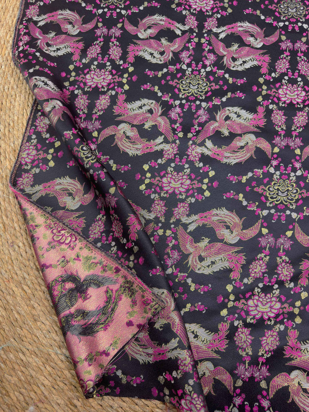 Black Song Brocade Fabric, Pink Phoenix and Floral Gold Jacquard, Chinese Silk Style Fabric for Cheongsam, Qipao, Jackets, Hanfu Sewing, 59"