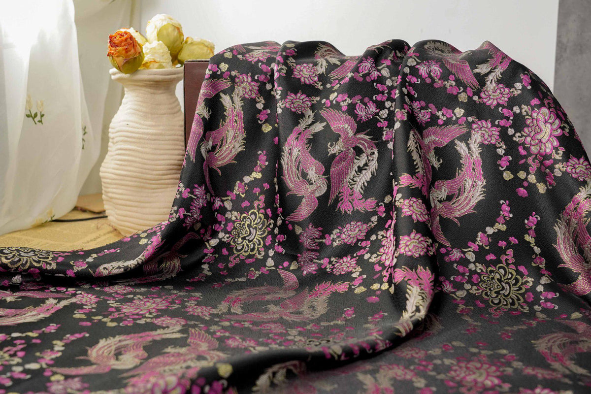 Black Song Brocade Fabric, Pink Phoenix and Floral Gold Jacquard, Chinese Silk Style Fabric for Cheongsam, Qipao, Jackets, Hanfu Sewing, 59"