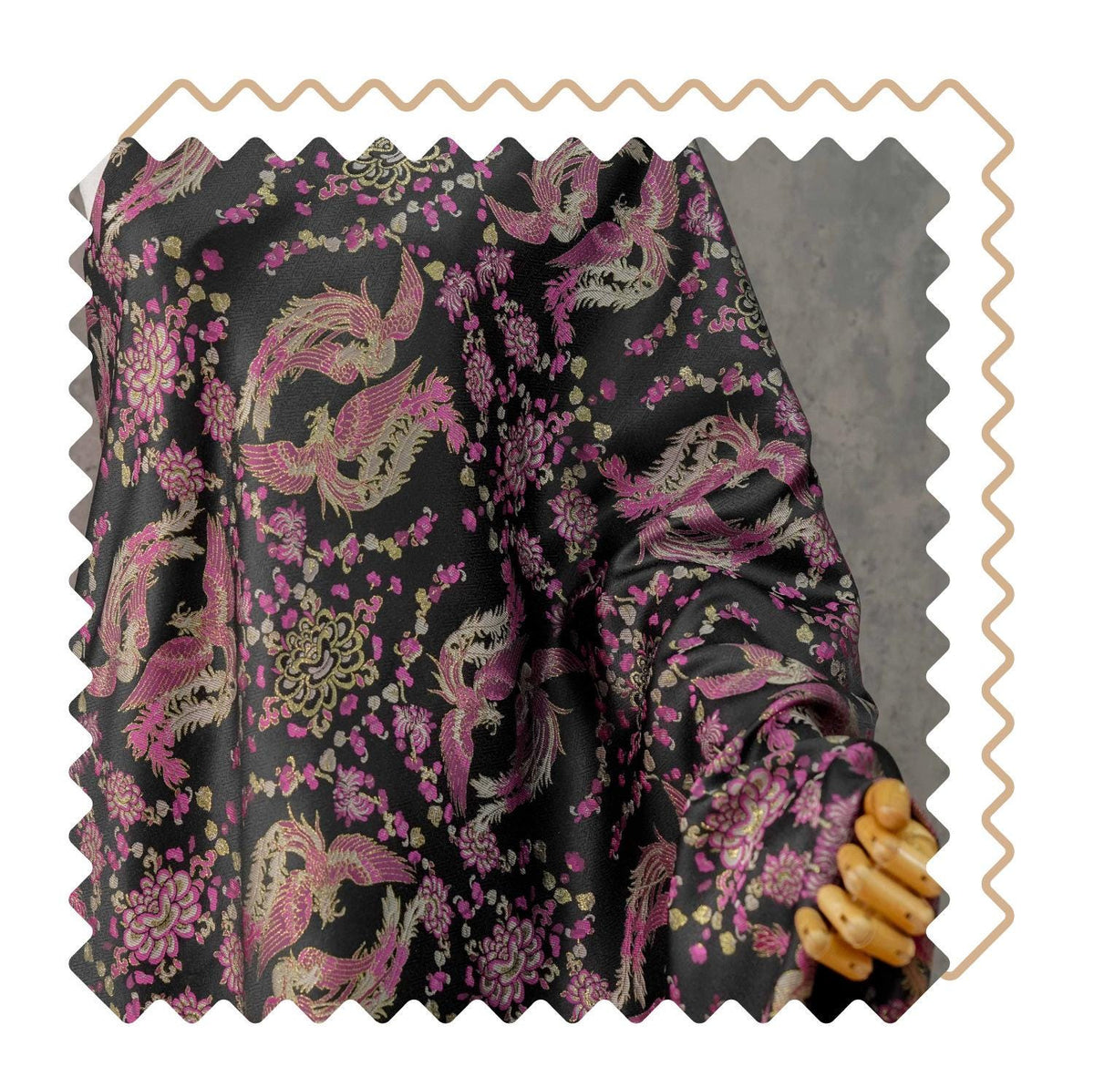 Black Song Brocade Fabric, Pink Phoenix and Floral Gold Jacquard, Chinese Silk Style Fabric for Cheongsam, Qipao, Jackets, Hanfu Sewing, 59"