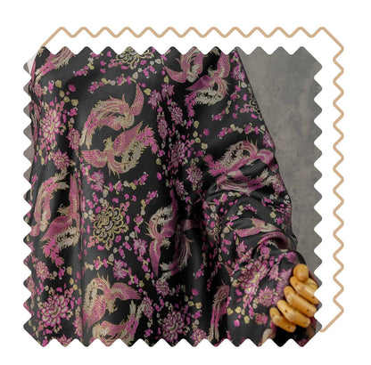Black Song Brocade Fabric, Pink Phoenix and Floral Gold Jacquard, Chinese Silk Style Fabric for Cheongsam, Qipao, Jackets, Hanfu Sewing, 59"