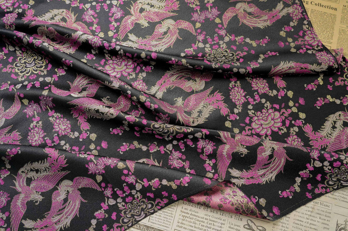 Black Song Brocade Fabric, Pink Phoenix and Floral Gold Jacquard, Chinese Silk Style Fabric for Cheongsam, Qipao, Jackets, Hanfu Sewing, 59"