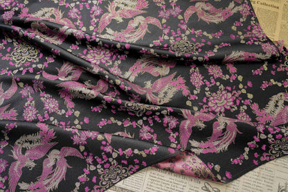 Black Song Brocade Fabric, Pink Phoenix and Floral Gold Jacquard, Chinese Silk Style Fabric for Cheongsam, Qipao, Jackets, Hanfu Sewing, 59"